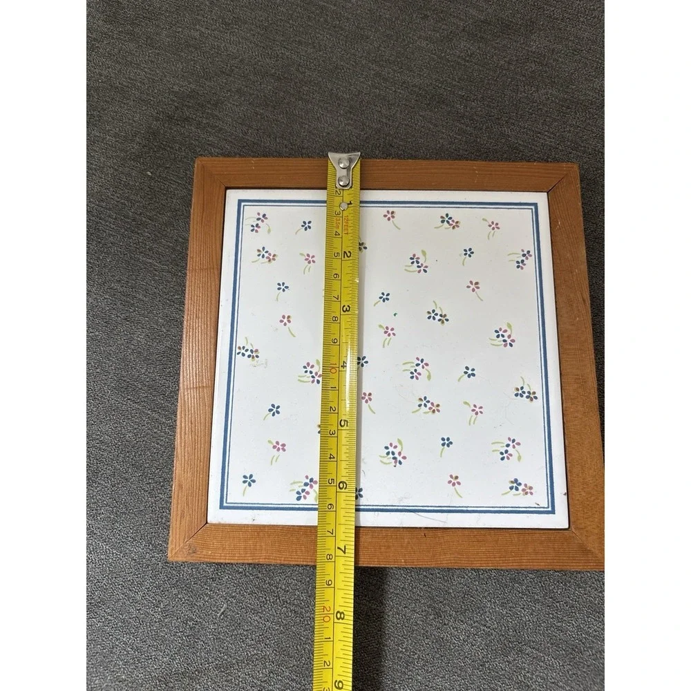 Trivet Ceramic Tile Wood Frame Country Core Whimsical Flowers